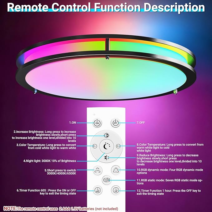 libtit 13 Inch RGB Flush Mount Ceiling Lights with Remote, 24W 3000K-6500K&Dimmable, LED Light Fixture with Nightlight and Timer for Bedroom Livingroom Bathroom-Black