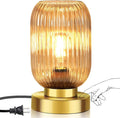 Mid Century Modern Table Lamp with Amber Ribbed Glass Shade,Touch Control & 3 Way Dimmable,Small Gold, Vintage Bedside Lamp for Bedroom, Living Room,Office (Bulb Included)