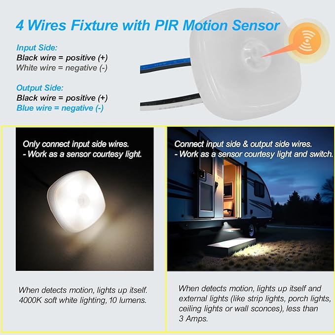 Dream lighting LED Motion Sensor Light and Switch Combo for RV Marine Boat, 1.7inch Waterproof Aisle Light Stairway Courtesy Light, 4000K Soft White Lighting, 12 Volt 0.3 watt, 10 lumes (1 Light)