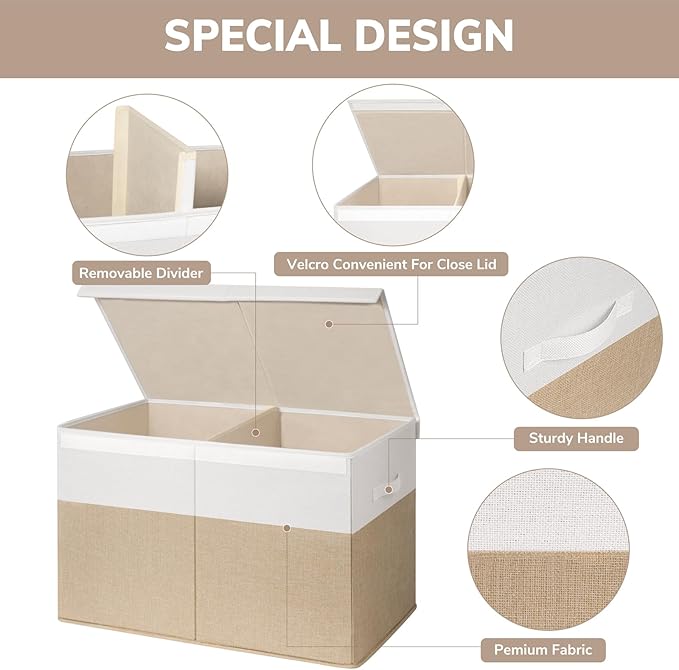 INDRESSME Large Toy Box with Lid, Collapsible Toy Storage Organizer Chest with Divider, Foldable Toy Bin for Kids Boys Girls Playroom Nursery Bedroom Living Room 25"x16"x13" (Beige & White)