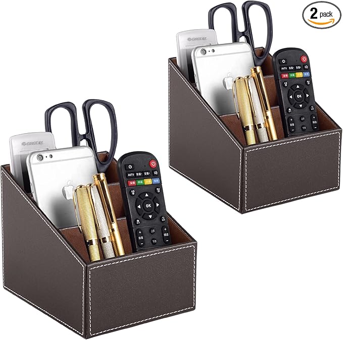 TV Remote Control Holder with 3 Compartments, Storage Rack, Storage Box, Media Accessory Storage, Desk Organizers (Brown(2 pieces))