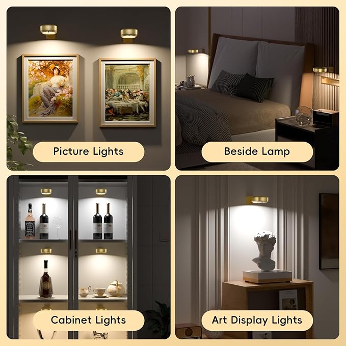 Picture Lights for Wall, Rechargeable Magnetic Poster Lights with 3 Color Temperatures, Dimmable Timer Painting Decor Light for Art Display, Frame (Gold, 1 Pack)