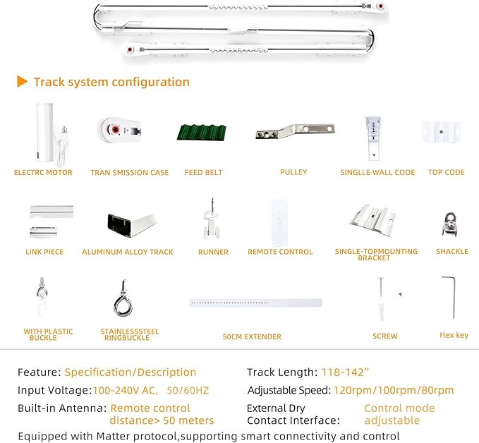 Electric Curtain Tracks | Matter over WiFi Electric Track, Smart Curtains Motorized Opener Curtains Rod with Remote Control - 118-142"