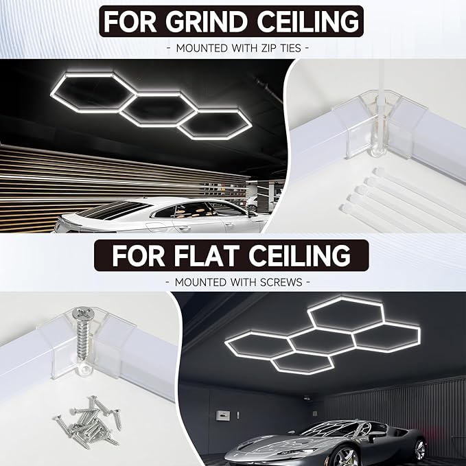Hexagon Garage Lights 192W 23040LM Super Bright，6500K Daylight White LED - Honeycomb Garage Ceiling Lighting Fixture for Basement, Gym, Workshop, Salon & Commercial Spaces 5 Hex