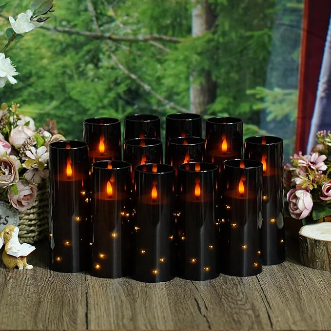 Flameless Candles with Embedded Star String - Battery Operated LED Candles, with Remote,12 Black Flickering Candles for Christmas, Weddings, Home Decor & Party,(D 2.3"×H 5" 6" 7")