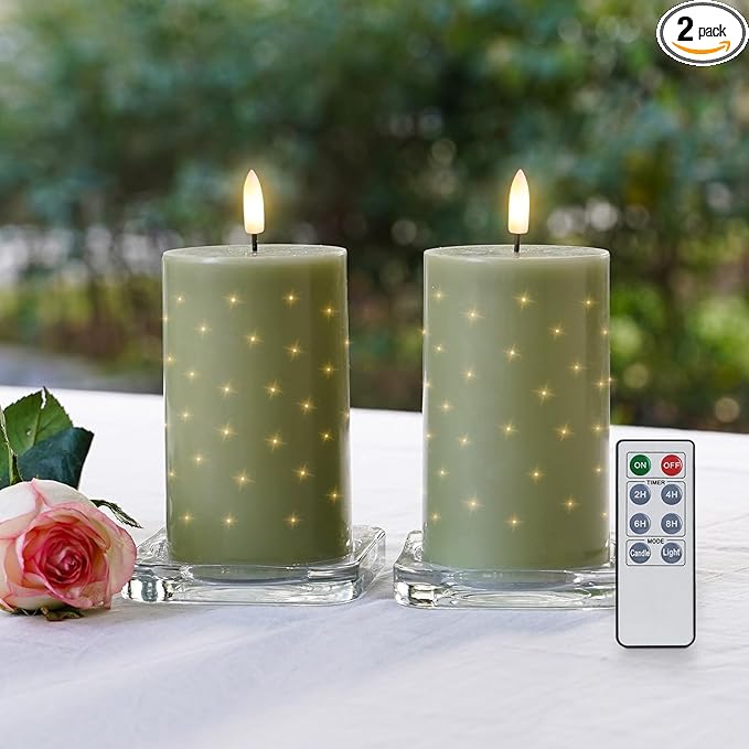 Rhytsing Sage Green Fiber Optic Real Wax Flameless Candles with Remote, Battery Operated Decorative Pillar Candles for Spring and Summer, Christmas Gift Set with Batteries, H 5 inches - Set of 2