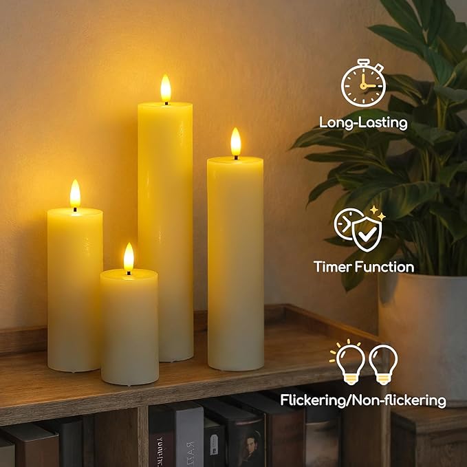 Flameless Real Wax Pillar LED Candles with Remote Control, Battery Operated Cycle Timer Ivory Pack of 4 Flickering 3D-Wick Warm Light for Indoor Home Decor (2.2" x 4" 6" 8" 10")