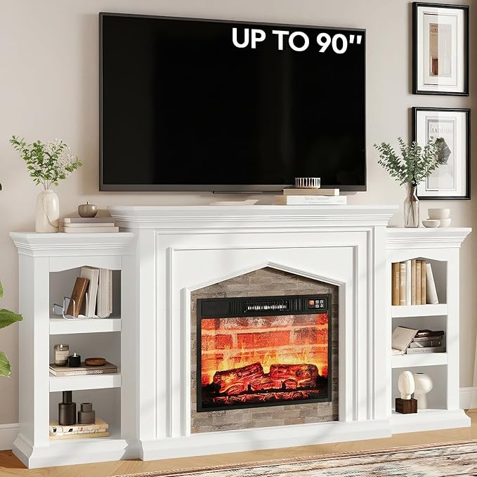 LGHM 80" Fireplace TV Stand for TVs Up to 90 Inch, Electric Fireplace with Mantel, Modern Entertainment Center with Storage, Fireplace Heater Insert with 3D Flame Effect for Living Room