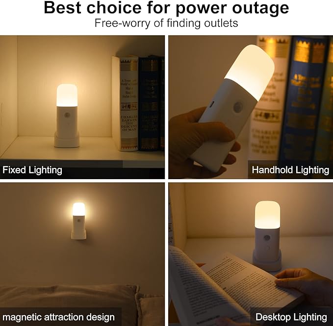 Motion Sensor Night Lights Indoor, Rechargeable Night Light Battery Powered, Portable Nightlight with Adjustable Brightness Activated Table Lamp for Kids, Adults(Warm Light, 4 Pack)