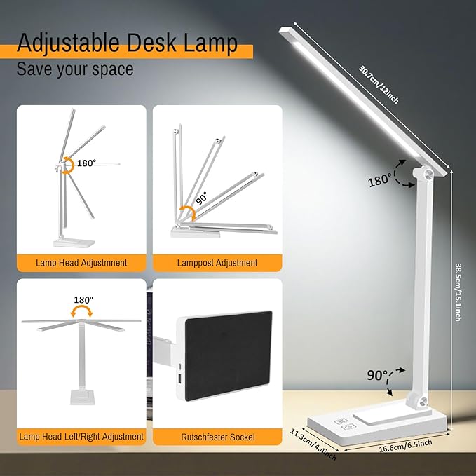 ErayLife Rechargeable LED Desk Lamp, 800LM 2600mAh Reading Table Lamp, 5 Color Modes with 5 Brightness, Aluminum Bedside Lamp with USB Charging Port for Study Home Office, White