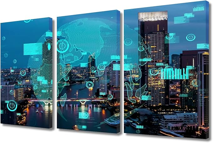 TUMOVO 3 Piece Smart City and Information Technology Abstract Canvas Paintings Artificial Intelligence Versus Big Data Pictures for Bedroom, Bathroom, Office. Ready to Hang (36" Wx24 H)