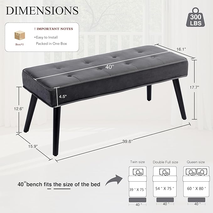 LOULENS Button Tufted Ottoman Bench, Fashionable Upholstered End of Bed Bench, Comfortable Velvet Entryway Bench for Living Room, Dark Gery