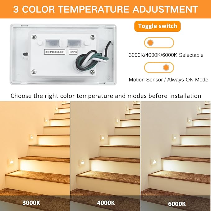 8 Pack Motion Sensor LED Step Lights, 3CCT 120V Hardwired Indoor Outdoor Stair Light, 3.5W 150LM 5%-100% Dimmable Waterproof Staircase Lamp, 3000K/4000K/6000K, Dimmer Switch, ETL, White