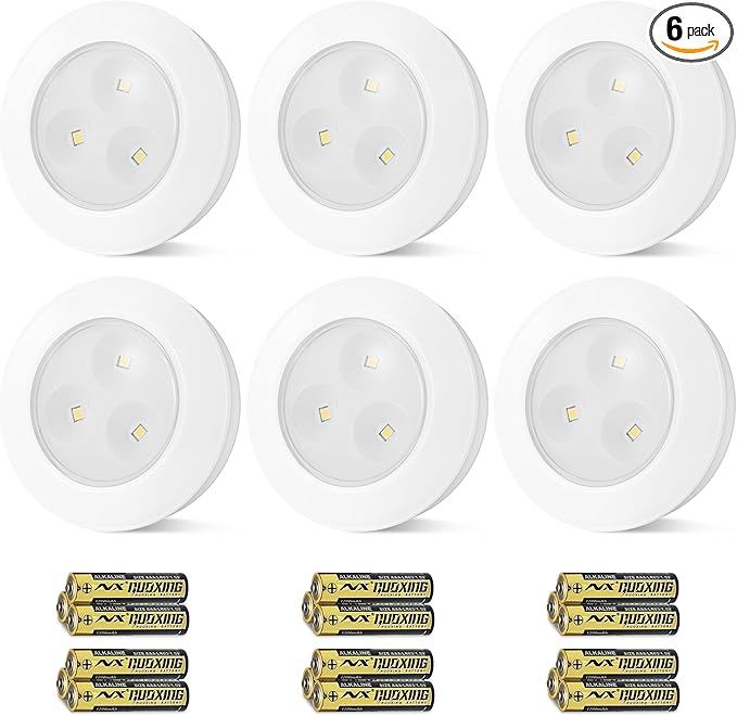 Wireless LED Puck Lights, Touch Activated Tap Ligh Push Light,Battery Operated Stick On Lights for Under Cabinet, Kitchen, Closet & Counters, 6-Pack, White (3 AAA Batteries Included)
