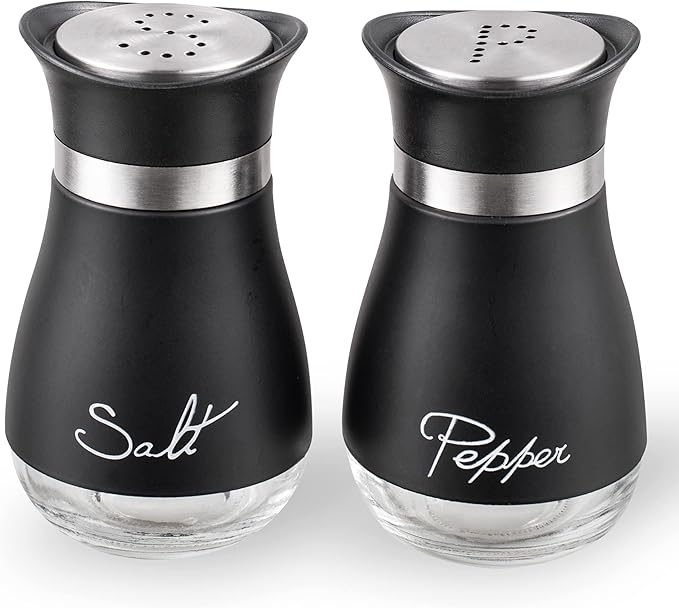 Lonffery Salt and Pepper Shakers, Stainless Steel and Glass Bottle, Set of 2, Black