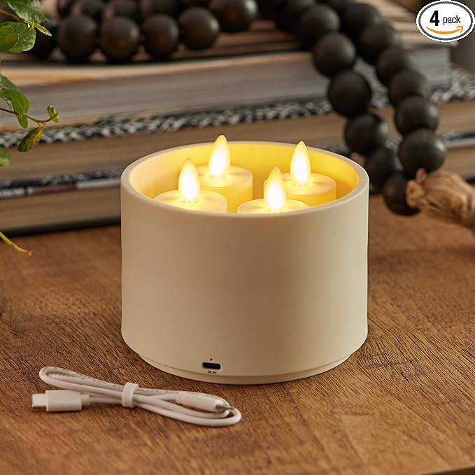 Luminara Flameless Tealights Rechargeable LED Set of 4 1.5" x 2.1", Battery Operated Moving Flame w/USB Charging Base, Indoor Safe Decorative Lights