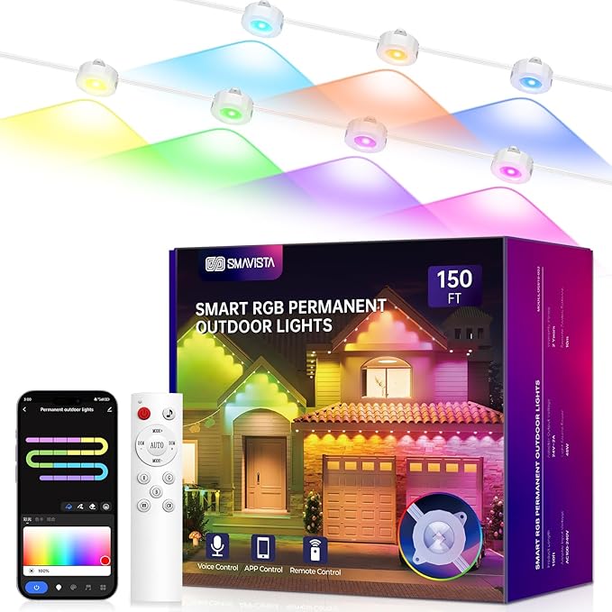 Smart Permanent Outdoor Lights, 150ft with 108 LED RGB String Lights, IP67 Waterproof Eaves Light with 44 Scene Modes for Halloween Christmas Birthday Holiday Party, APP/Voice/Remote Control