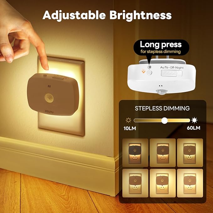 ZISUYU Plug-in LED Backlit Night Light with Motion Sensor & Dusk to Dawn Sensor, 10-60lm Dimmable Nightlight with Multi-Mode & Color-Changing, Ideal for Bedroom, Bathroom, Stairs, Hallway (2 Pack)