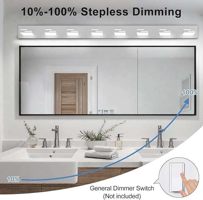 LED Modern Bathroom Vanity Light Fixtures, 8-Light 55-inch Dimmable Chrome Vanity Lights for Bathroom Lighting Fixtures Over Mirror, with 350° Rotatable Heads (Cool White 6000K)