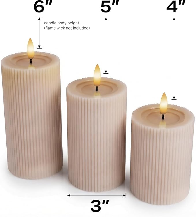 WYZworks Fluted Ribbed LED Pillar Candles, Blush Beige, with Realistic Reflective Melted-Wax Effect – Flickering Flame, Remote, Dimmable, Flameless, Battery Operated, Home & Wedding Decor (Set of 3)