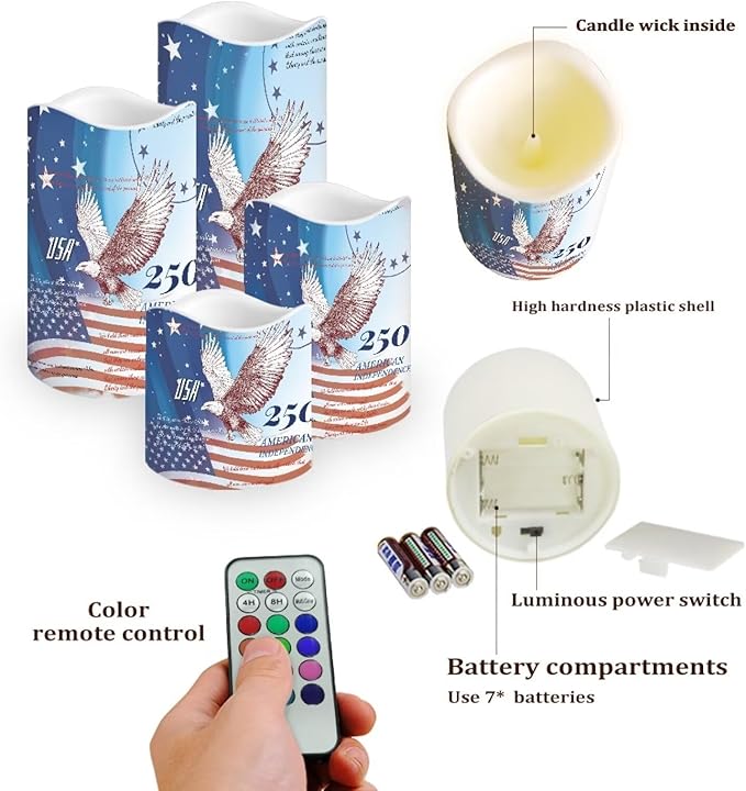 American Flag Electric Candles Bald Eagle Independence Day Flameless LED Candles Battery Operated with Remote 250th Anniversary Flickering Candle for American Holiday, 4 Pack