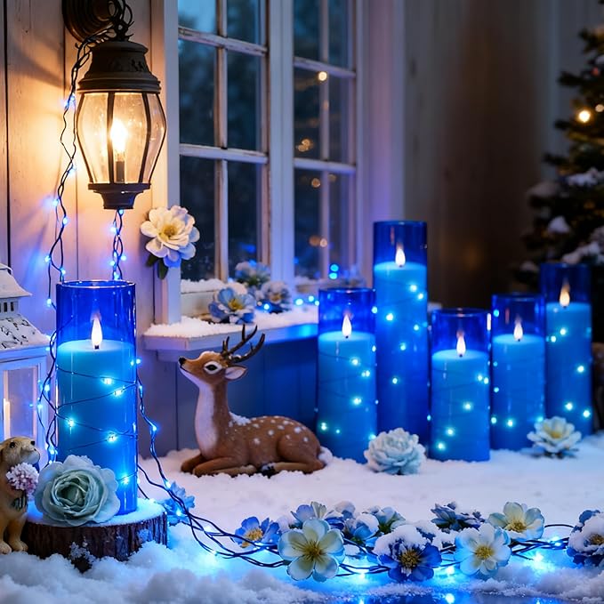Flameless Candles with Embedded Star String - Battery Operated LED Candles, with Remote,12 Blue Flickering Candles for Christmas, Weddings, Home Decor & Party,(D 2.3"×H 5" 6" 7")