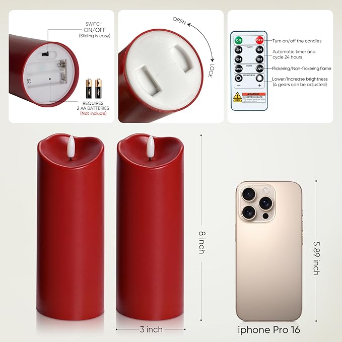 Raycare 8"x3" Outdoor Waterproof Flameless Candles with Remote and Timer, Battery Operated LED Electric Fake Pillar Candle for Valentine's Day, Home, Wedding Decor, Red, Set of 2