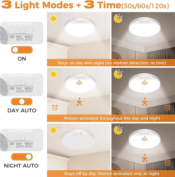 slochi 4Pack Motion Sensor Light Indoor Wired, 8.7 Inch 3000K/4000K/6500K Closet Lights Motion Sensored, 18W 1800LM Flush Mount Ceiling Light for Hallway Pantry Stairwell Porch, White