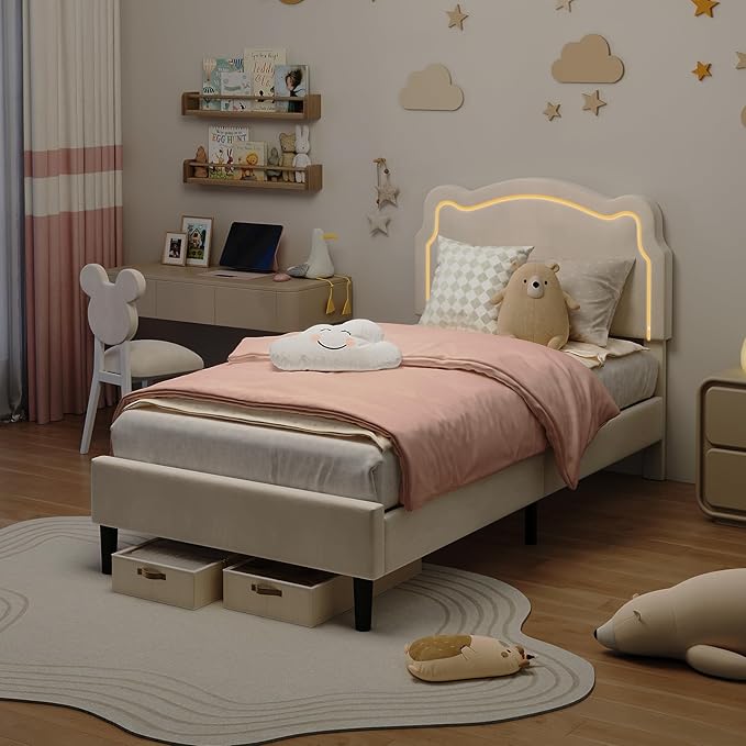 GarveeHome Twin Upholstered Smart LED Bed Frame with Headboard, Velvet Princess Platform Bed Frame for Kids, Wooden Slats Support, No Box Spring Needed (Beige)