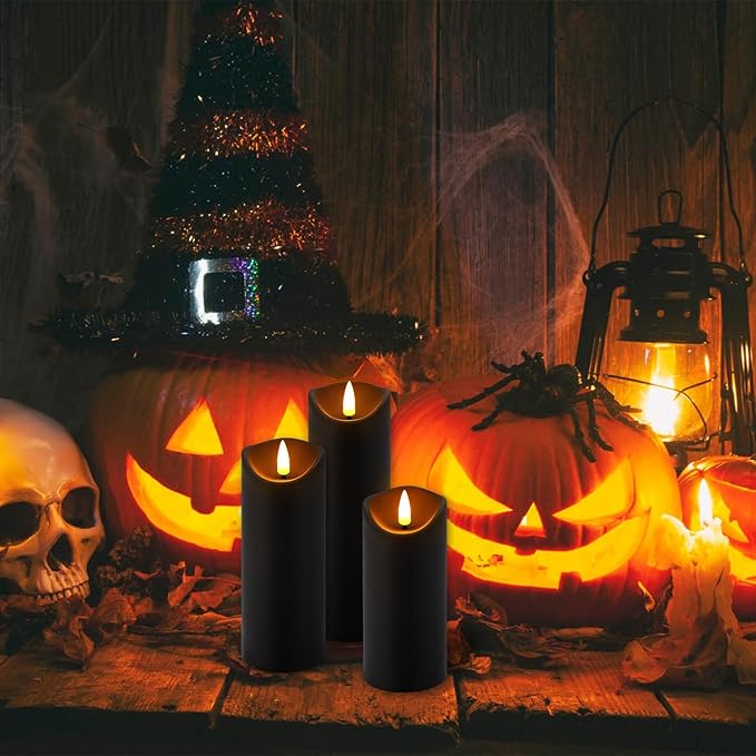 Set of 24 Flickering Black Flameless Candles, Battery Operated LED Pillar Candles with Remote Control and Timer Essential forfor Home Decor&Festival Celebrations&Table Decorations&Wedding.