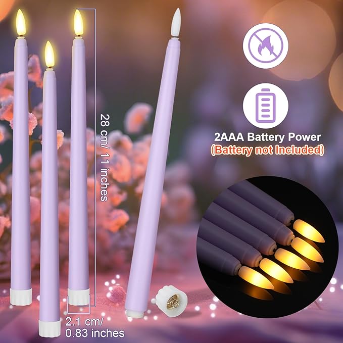Macarrie 24 Packs Flameless Taper Candles Battery Operated Fake 11 Inch Long Candlelight LED Flameless Candlesticks Flickering Tapered for Spring Summer Wedding(Lavender Purple)