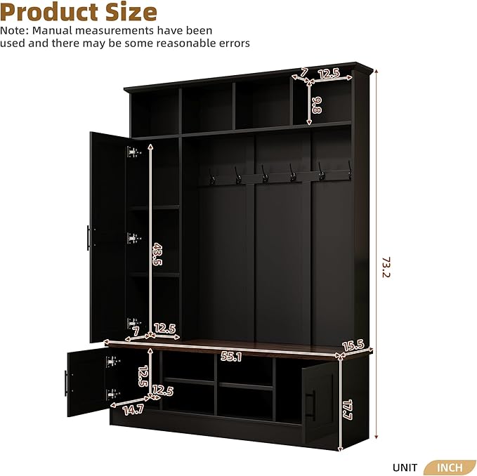 Modern 55‘’ Wide Hall Tree with 6 Hooks, Wood Brown Grain Minimalist Shoe Cabinet with Adjustable Shelves, Versatile Entryway Coat Rack for Living Room Hallway (Black-11A)