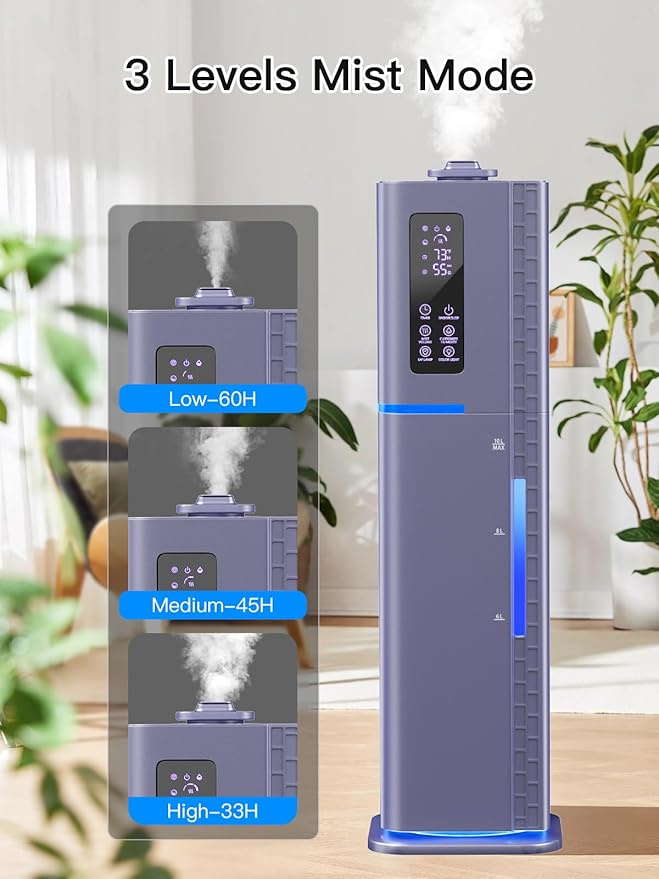 10L/2.64Gal Humidifiers for Bedroom, Top Fill Quiet Ultrasonic Cool Mist Humidifier Large Room, Covers 550ft², 60H Runtime, 24H Timer, 3 Mist Modes Humidifiers for Home, Office, Plants, Purple