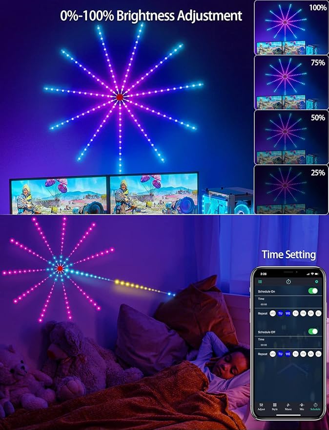 MATICOD Smart Firework Led Lights USB Powered Room Decor, Color Changing Fireworks Led Lights for Bedroom with Launch Burst Effect, RGB Led Strip Lights Remote App Control for New Year Party Decor