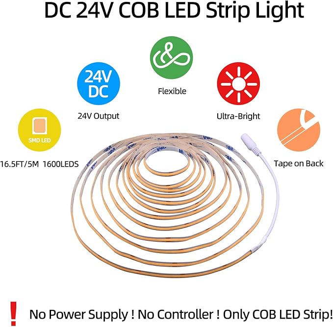 LED Strip Lights 24V COB LED Warm 3000K Super Bright LED Strip 16.4ft 5M Dotless High Density 14W/m, 8mm Width Cuttable Flexible for Home DIY COB LED Commercial Lighting Projects (No Power Supply)