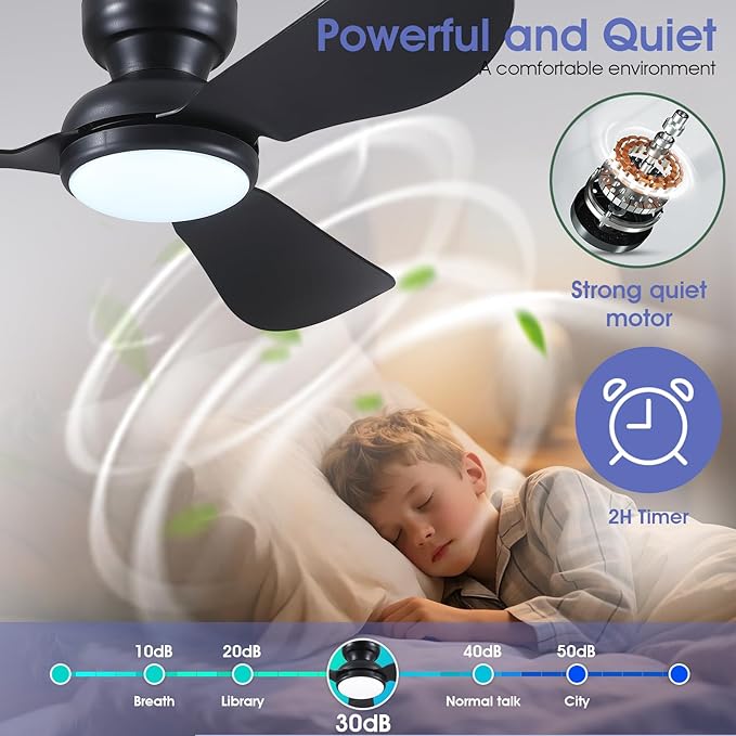 46 Inch Flush Mount Ceiling Fan with Light, 3 Reversible Blades, Remote & APP Control, 3 CCT Dimmable for Bedroom Living Room, Black