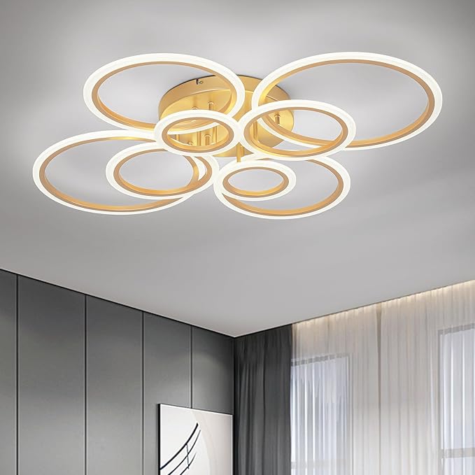 Vikaey Modern LED Flush Mount Ceiling Light, 8 Rings Gold Close to Ceiling Light Fixtures, Living Room Lighting Ceiling Lamp for Dining Room, Bedroom, Kitchen, 4000K Not Dimmable