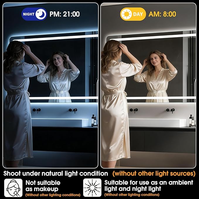 LED Bathroom Mirror, 48 x 36 Inch Anti-Fog Wall Mirror with Lights Stepless Dimmable, Lighted Bathroom Mirrors for Wall, Rectangle Bathroom Vanity Mirror with Front and Backlight, Horizontally Only