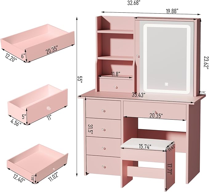 ALEAVIC Vanity Desk with Mirror and LED Lights, Makeup Vanity Set with Power Outlet, and Stool,Jewelry Storage,Pink Vanity Desk for Bedroom