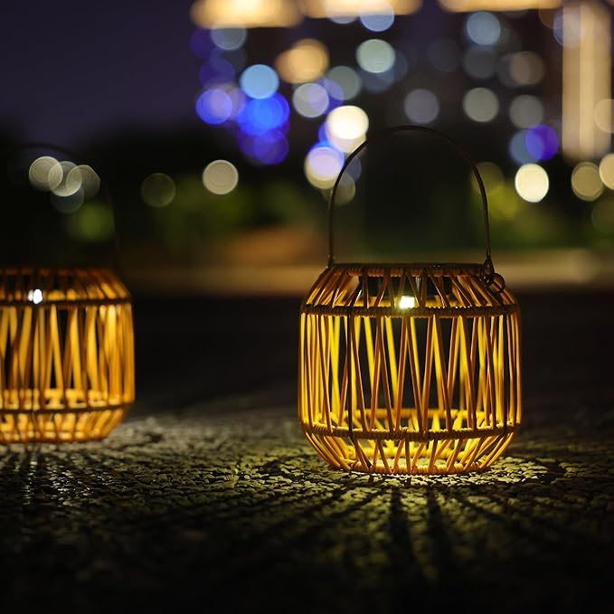 Solar Outdoor Rattan Lanterns, Decorative Hanging Lights for Patio Garden Backyard（Two Pack）(Style 1)