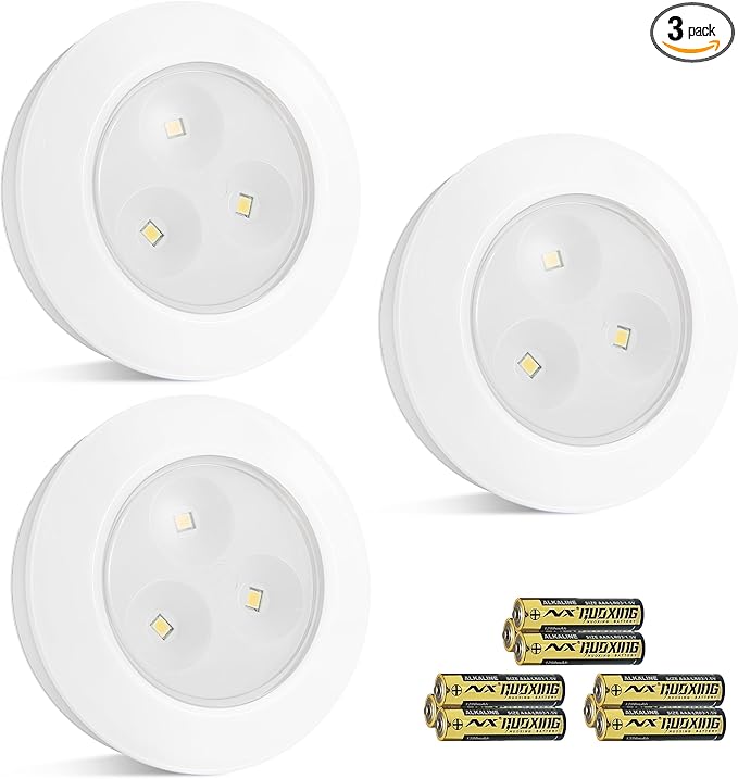 Wireless LED Puck Lights, Touch Activated Tap Ligh Push Light, Battery Operated Stick On Lights for Under Cabinet, Kitchen, Closet & Counters, 3-Pack, White (Included 3AAA Batteries)
