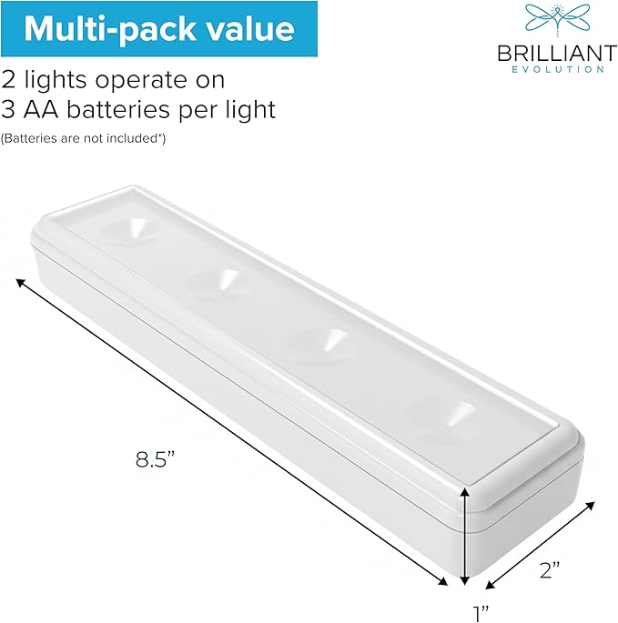 Brilliant Evolution Pack of 2 Wireless LED Stick on Lights Battery Operated Under Cabinet Lighting - 8.5 Inches Long - 65 Lumens Push Light for Kitchen, Closet, and Countertops