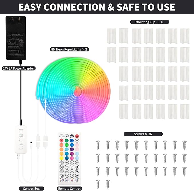 52FT LED Neon RGB+IC Lights, LED Lights with RF Remote & APP Control, Flexible IP65 Waterproof Outdoor,Music Sync,DIY Design, 24V LED Strip Lights for Gaming Livingroom Wall Christmas Decor