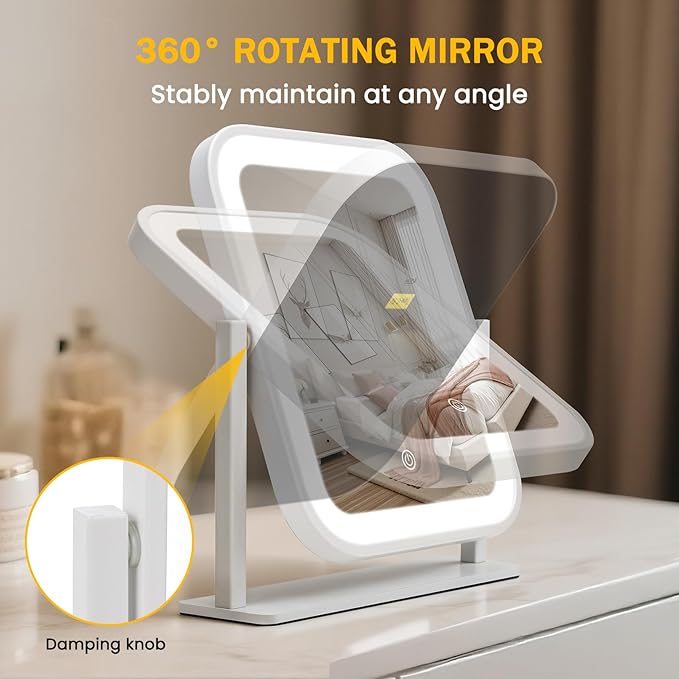 Vanity Mirror with Lights, 1500mAH, 10"×9" Makeup Mirror with Lights, Smart Touch with 3-Color Lighting, 360° Rotation, Portable LED Desk Mirror, Bedroom (White)