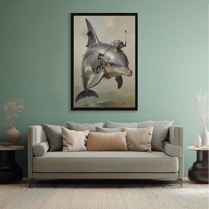 Framed Steampunk Mechanical Dolphin Wall Art - Marine Retro-Futuristic Poster for Beach House Living Room Decor 16x24in