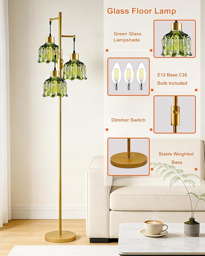 Gold Floor Lamps for Living Room, 3-Light Dimmable Floor Lamp with Green Glass Shade& E12 Bulbs Included, 65'' Mid Century Tall Standing Lamp for Bedroom/Sofa Beside/Corner Decor