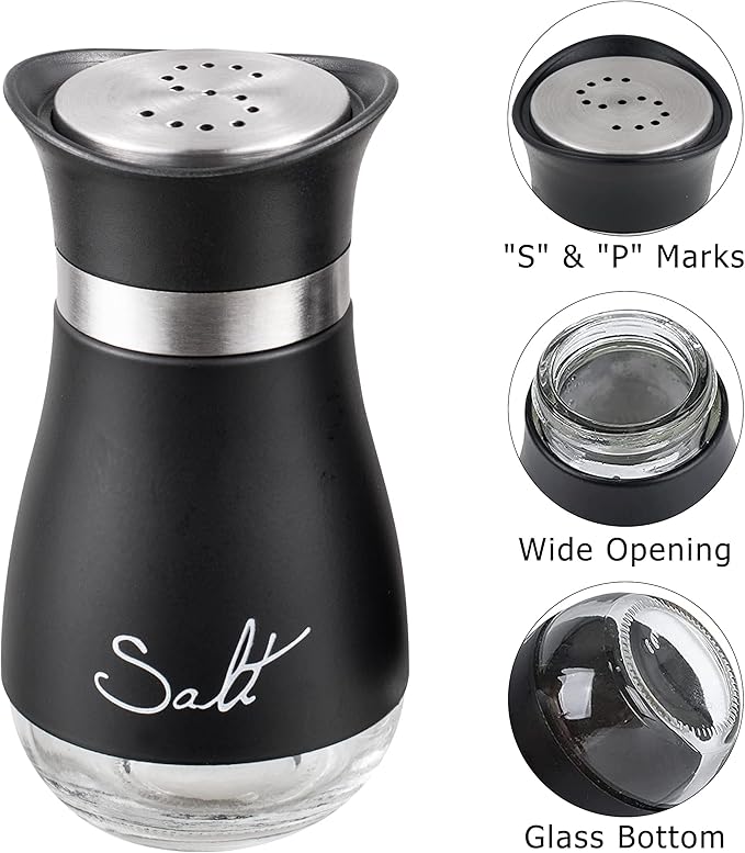 Lonffery Salt and Pepper Shakers, Stainless Steel and Glass Bottle, Set of 2, Black