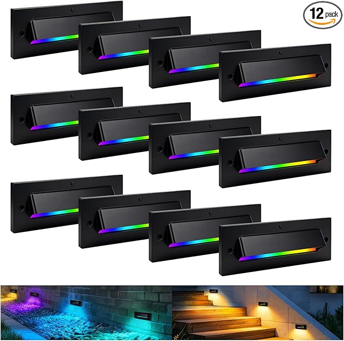 Outdoor Step Lights, 5W 12V Landscape LED RGB Color Changing Outdoor Low Voltage Deck Step Stair Lights Wired for Railing Fence Retaining Wall Christmas Decorations, Heavy Duty, Black, 12PK