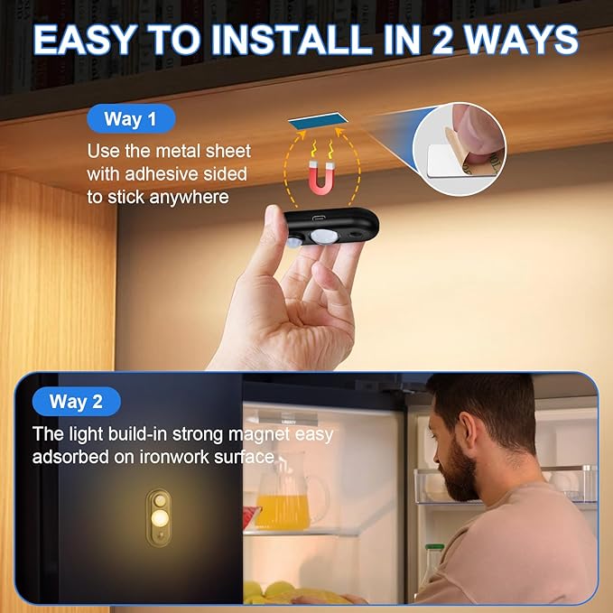 LED Motion Sensor Light Indoor, Magnetic Under Cabinet Lighting Warm White, Black Dimmable Rechargeable Puck Lights for Closet, Kitchen, Stairs(4 Pack)