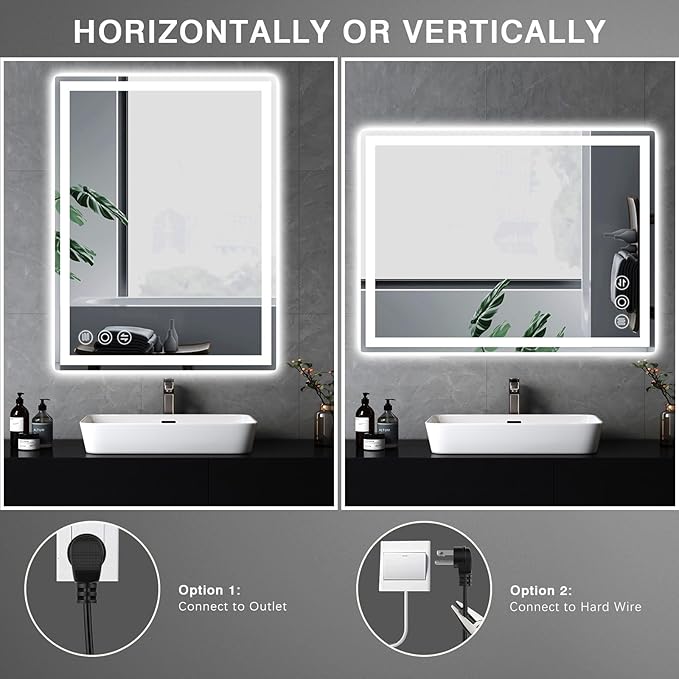 Bathroom Mirror, 28"x 36" LED Mirrors with Anti-Fog, Stepless 3 Colors Temperature & Dimmable, Memory Tempered Glass Bathroom Mirrors for Over Sink, Vanity Mirror with Lights